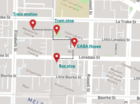 Map pin shows the location of CASA House on Lonsdale St. Another pin shows a nearby bus stop on Lonsdale St. The closest train and tram stops are labelled outside Melbourne Central station.